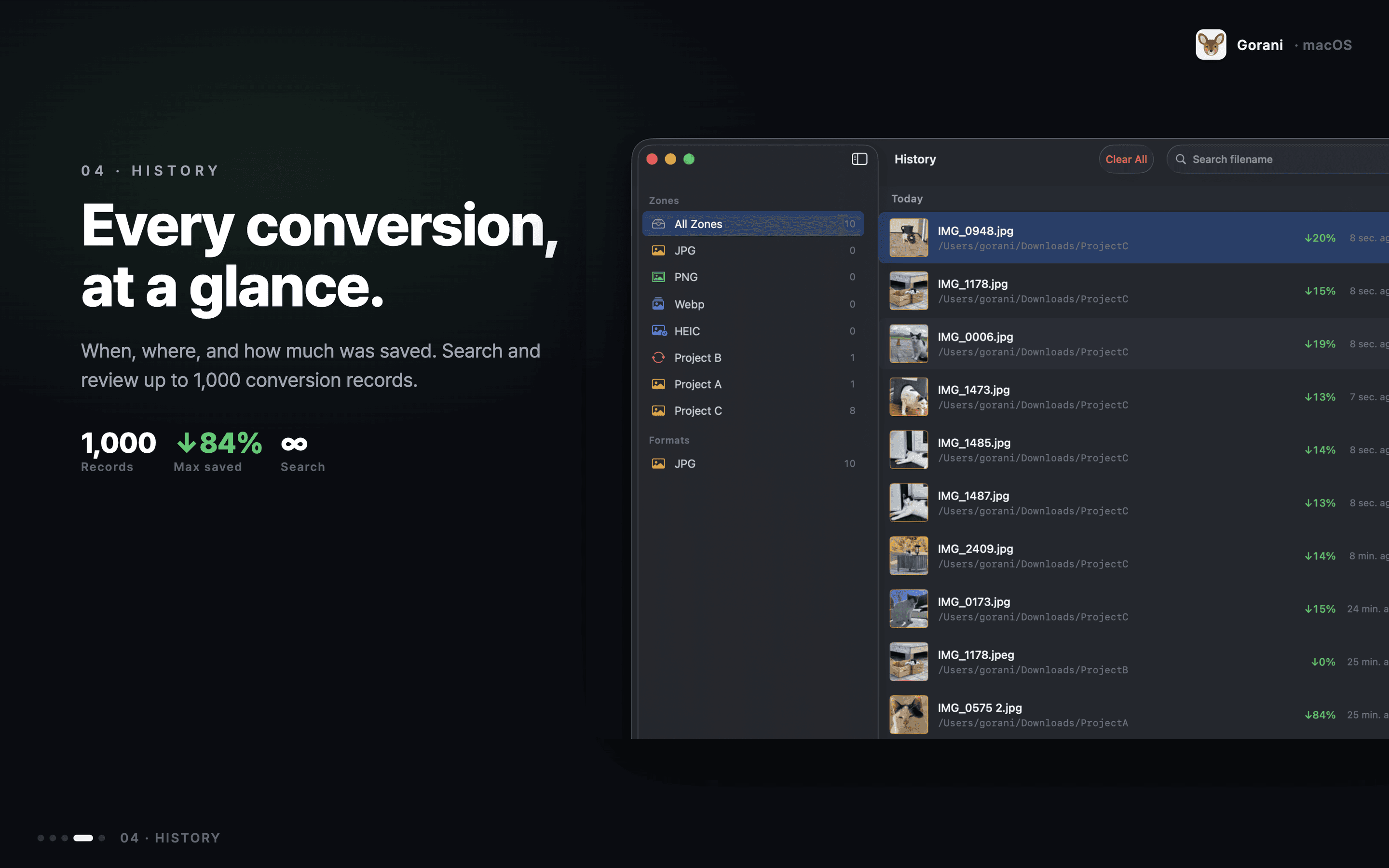 Gorani's History window with a sidebar grouping by zone and format, and a list of recent conversions showing per-file size savings.